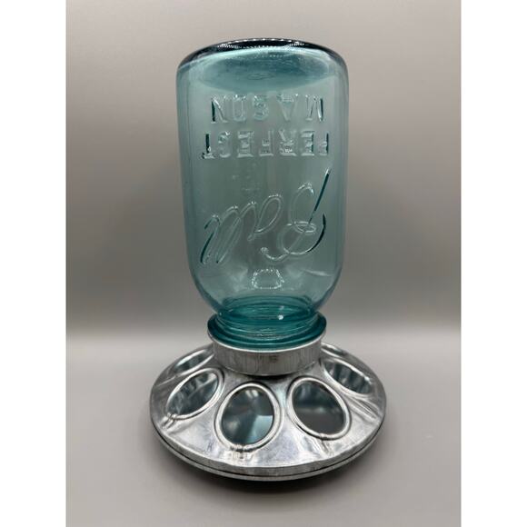 Ball Glass #8 Mason Jar Galvanized Chick Chicken Bird Feeder Green Glass 1920s - Picture 1 of 4